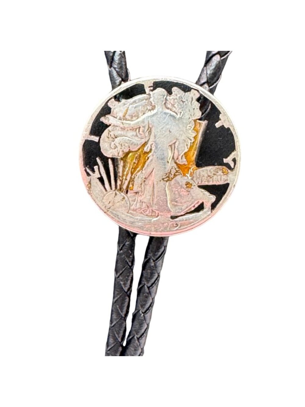 Vintage Walking Liberty Coin Bolo Tie Braided Leather Cord Silver-Tone Tips 15"